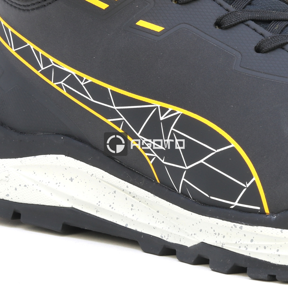 detail PUMA Xplore Mid S3 schwarze leichte Herren-Arbeitsschuhe, weicher Auftritt